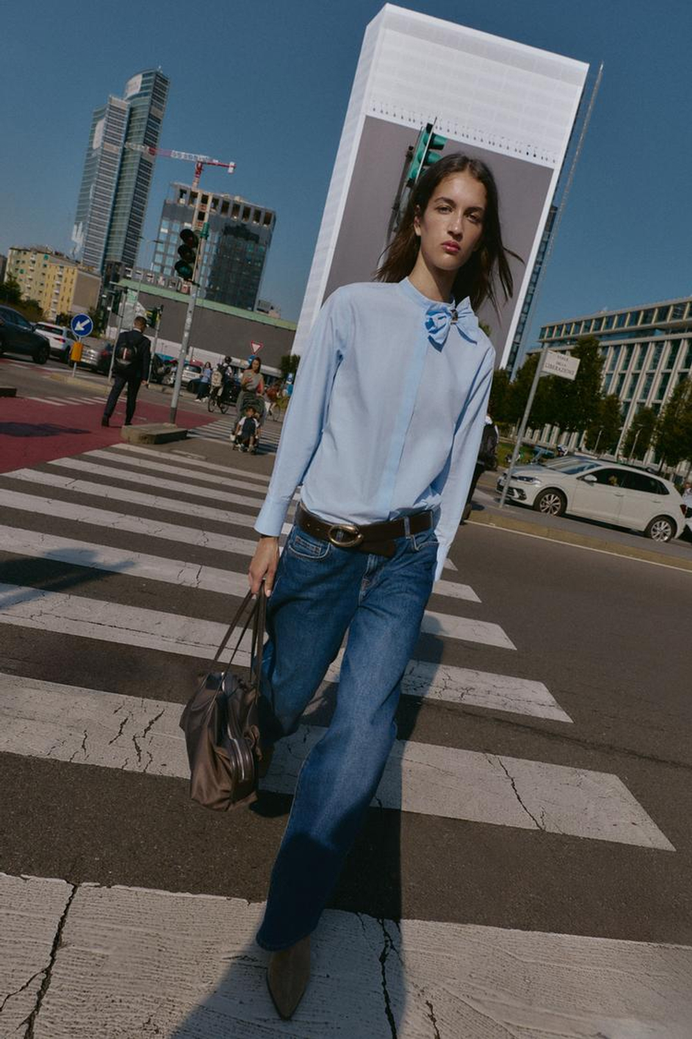 ZARA БЛУЗКА ИЗ ПОПЛИНА С ЗАВЯЗКОЙ, ГОЛУБОЙ