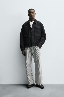 ZARA БРЮКИ ИЗ ЖАТОГО ХЛОПКА В ПОЛОСКУ COMFORT, СИНИЙ/БЕЛЫЙ