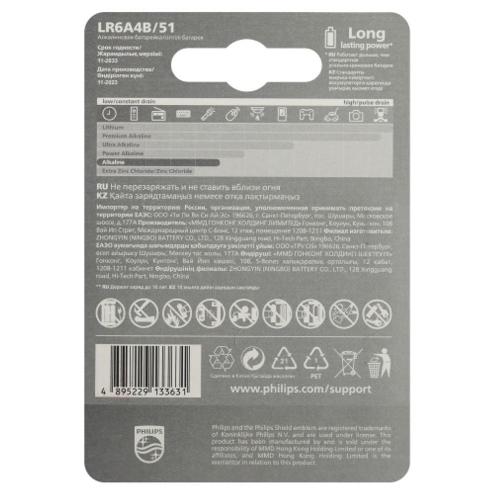 Батарейки Philips LR6A4B/51 АА алкалиновые 1,5v 4 шт. LR6-4BL Entry (4/48/144/20160) | Philips
