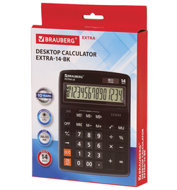 Калькулятор настольный BRAUBERG EXTRA-14-BK (206x155 мм), 14 разрядов, двойное питание, ЧЕРНЫЙ, 250474