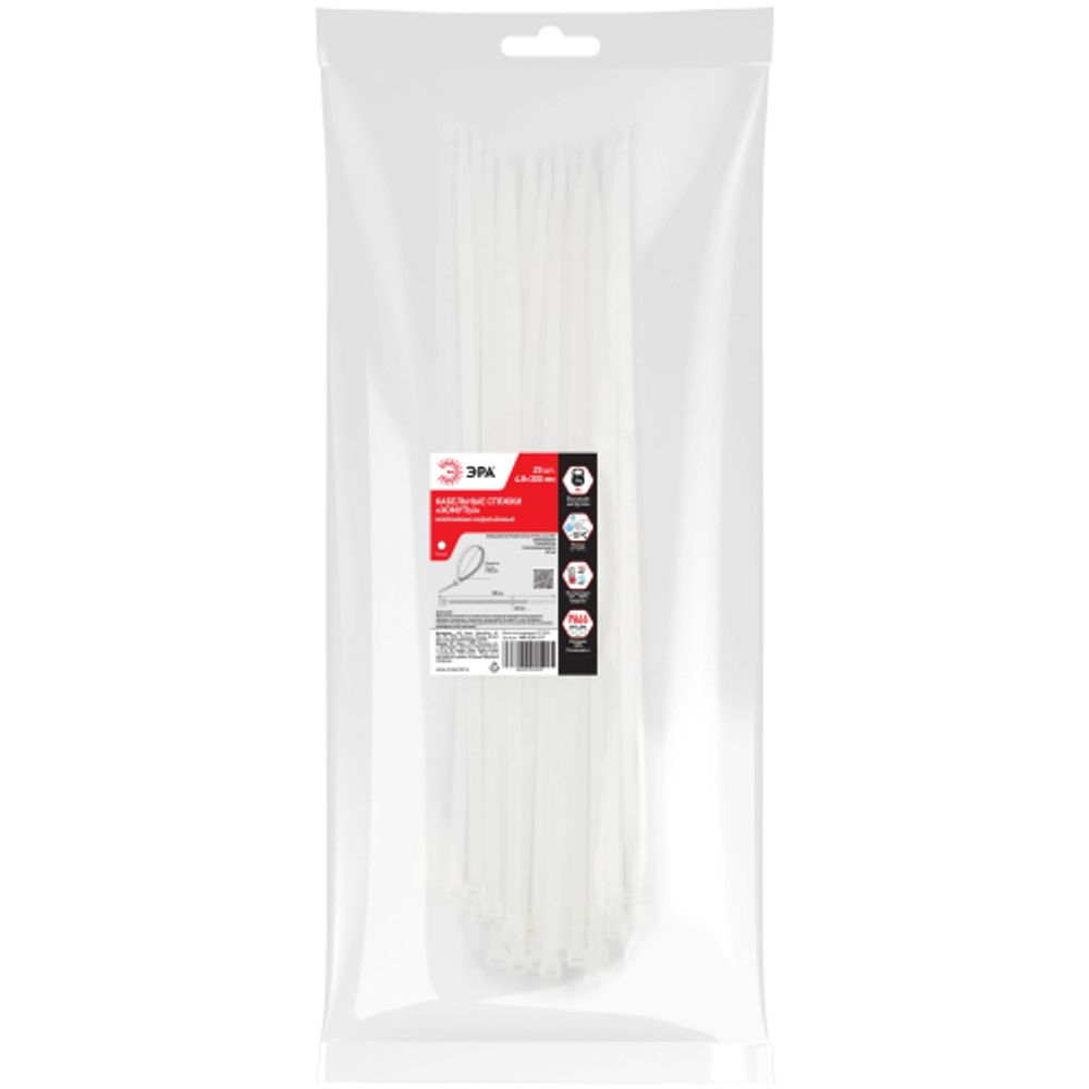 Кабельная стяжка ЭРА NO-224-211 (хомут) нейлоновая 4.8 х 300 мм белая (25 шт/уп) | Кабельные стяжки (хомуты)