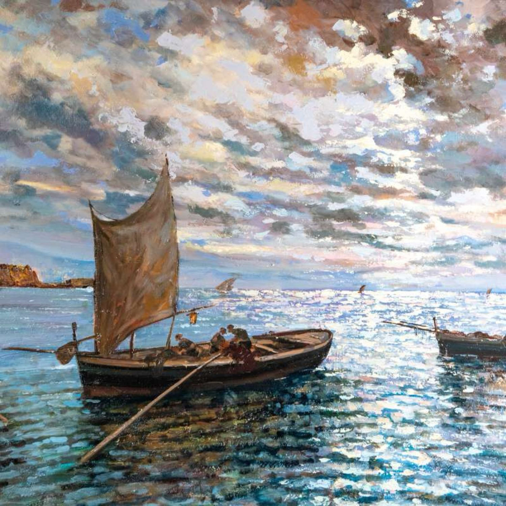 Винтаж: Антикварная картина «Закат на море в бухте Неаполя»