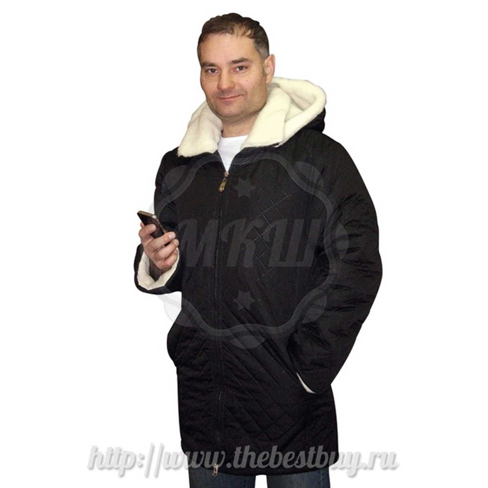 Мужская куртка Черная плащевка-Меринос  (с капюшоном) - разм. 42-62  (мод.951)