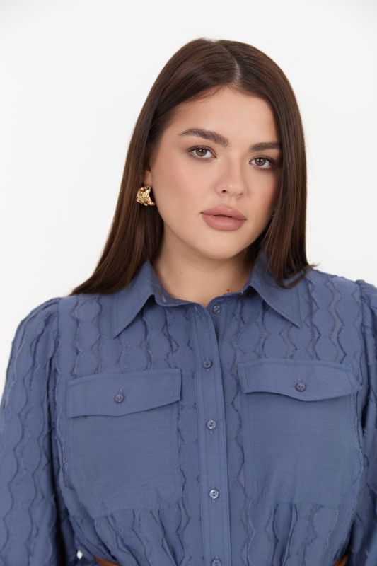 Платье-рубашка из вискозы жаккард, индиго