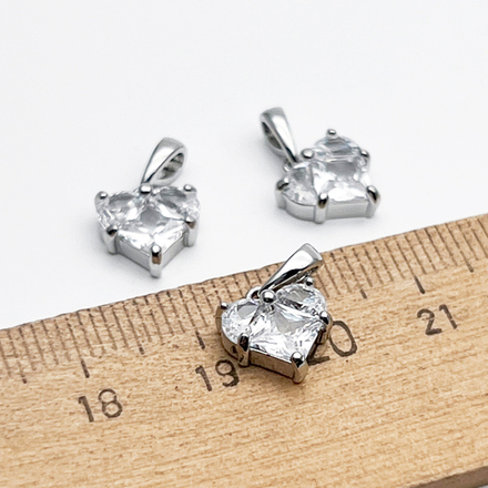 Подвеска Сердце, цвет серебро (родий) + прозрачный, размер 10 мм + бейл, цена за 1 шт