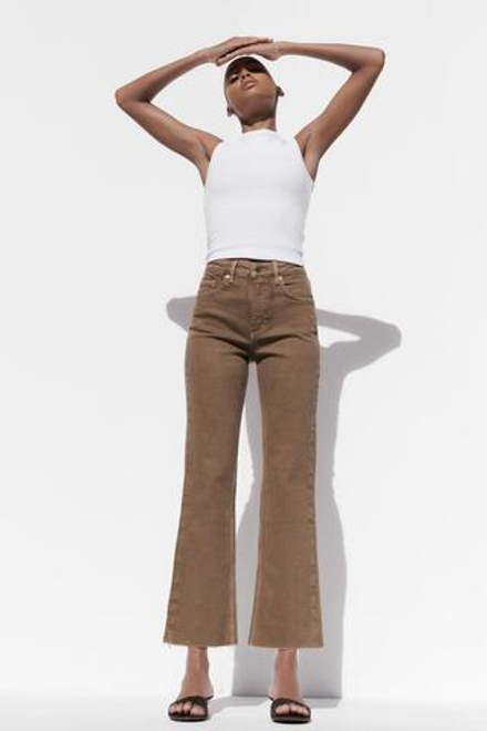 ZARA ДЖИНСЫ TRF CROPPED FLARE С ВЫСОКОЙ ПОСАДКОЙ, СЕРОВАТО-КОРИЧНЕВЫЙ