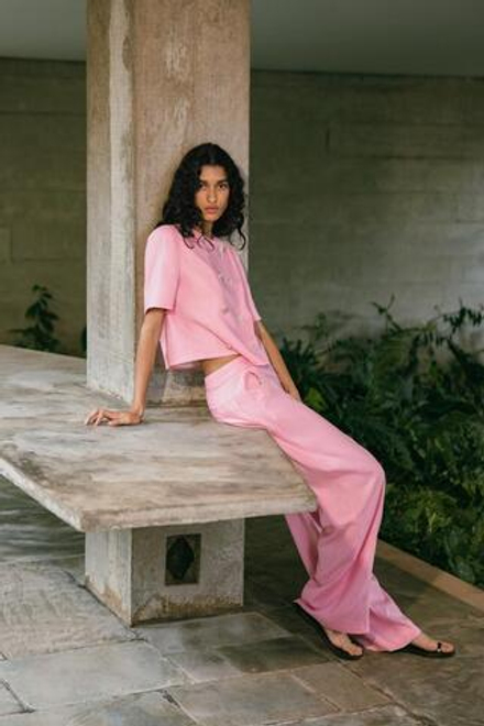 ZARA БРЮКИ ПРЯМОГО КРОЯ ИЗ СМЕСОВОГО ЛЬНА, РОЗОВЫЙ