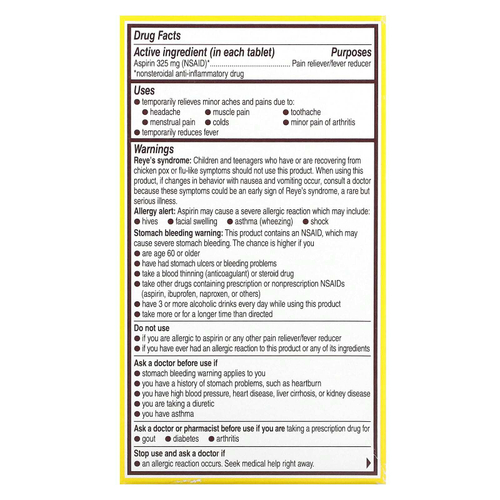 Bayer, Натуральный аспирин, 325 мг, 100 таблеток, покрытых оболочкой