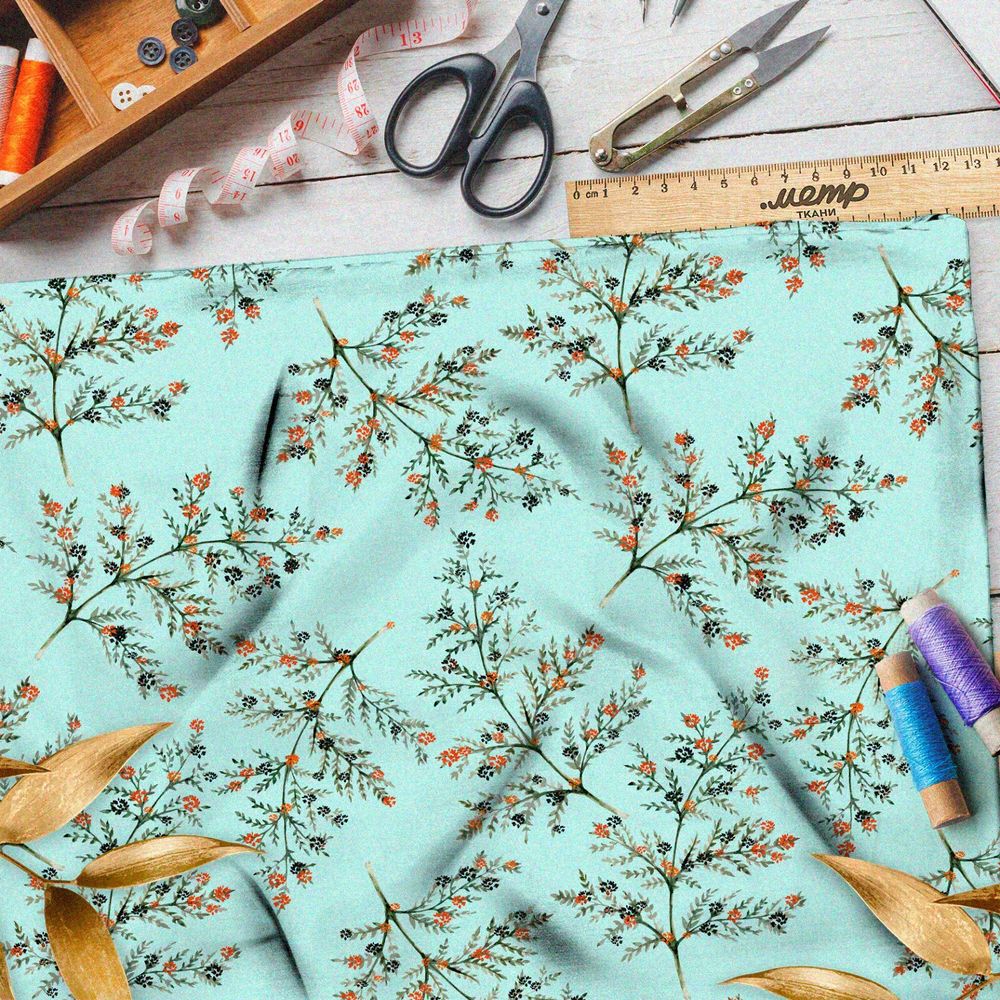 Ткань габардин оранжевая рябина на зелёном фоне