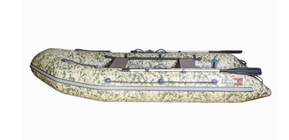 Лодка ПВХ X-River Rocky 335 НДВД + усиленное дно и баллон, пиксель/фурнитура серая