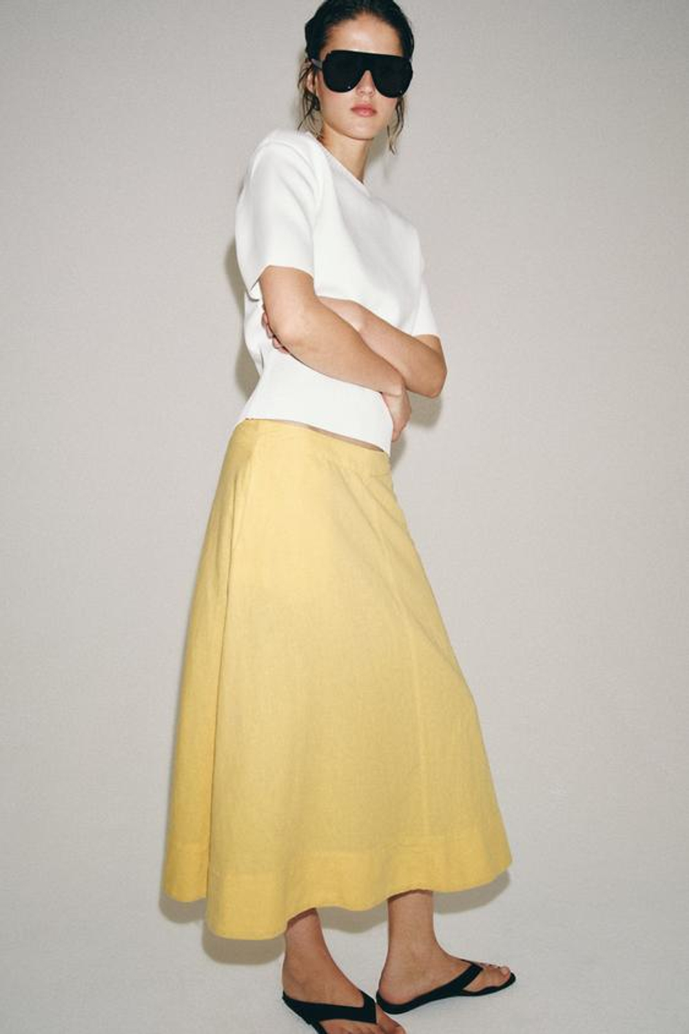ZARA ЮБКА МИДИ ИЗ СМЕСОВОГО ЛЬНА — ZW COLLECTION, СВЕТЛО-ЖЕЛТЫЙ