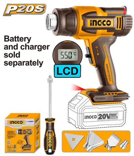 Фен аккумуляторный INGCO HGLI2003 INDUSTRIAL 20В с ЖК-дисплеем 30-550°C