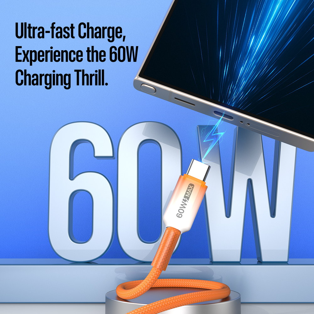 Кабель для быстрой зарядки 60W в тканевой оранжевой оплетке, длина 100см (1м) с разъемом Type C на Type C, серия WLCM Series от Dux Ducis