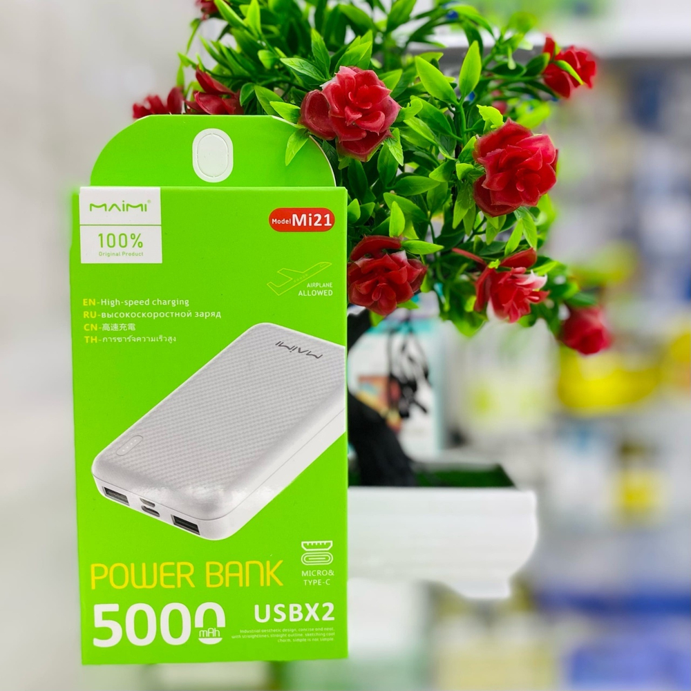 Power Bank 5000mAh, 2 USB, Maimi Mi21, белый