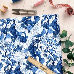 Ткань атлас синие павлины