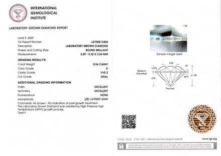 Лабораторно-выращенный бриллиант Кр-57 5.29-5.32 мм D/VVS2 0.56 ct