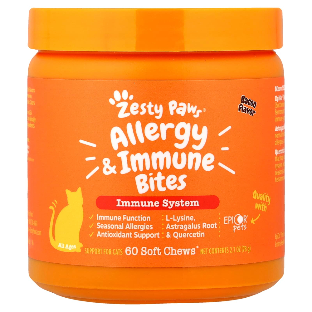 Zesty Paws, Allergy & Immune Bites, добавка для кошек всех возрастов, со вкусом бекона, 60 жевательных таблеток, 78 г (2,7 унции)