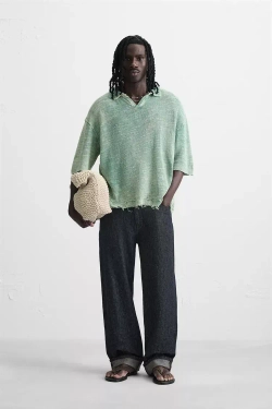 ZARA ТРИКОТАЖНОЕ ПОЛО, ЛИНЯЛЫЙ ЗЕЛЕНЫЙ