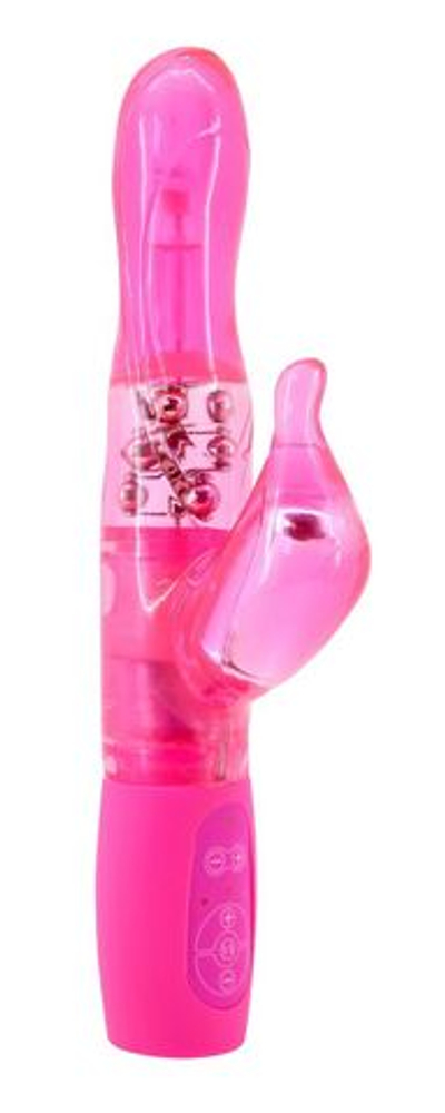 Розовый перезаряжаемый вибромассажёр с клиторальным стимулятором - 25 см. (Цвет: розовый)