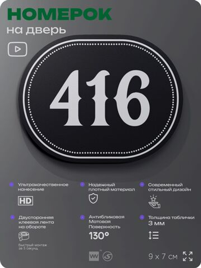 Номерок на дверь квартиры 416, для кабинета, офиса, шильдик 9 х 7 см, черный, Айдентика Технолоджи