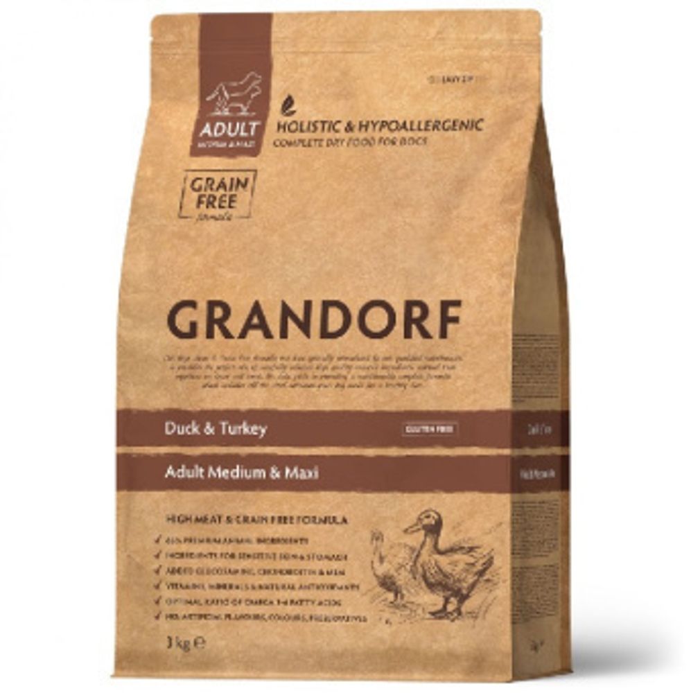 Grandorf 10кг Medium &amp; Maxi Holistic Duck &amp; Turkey для собак средних и крупных пород, утка с индейкой