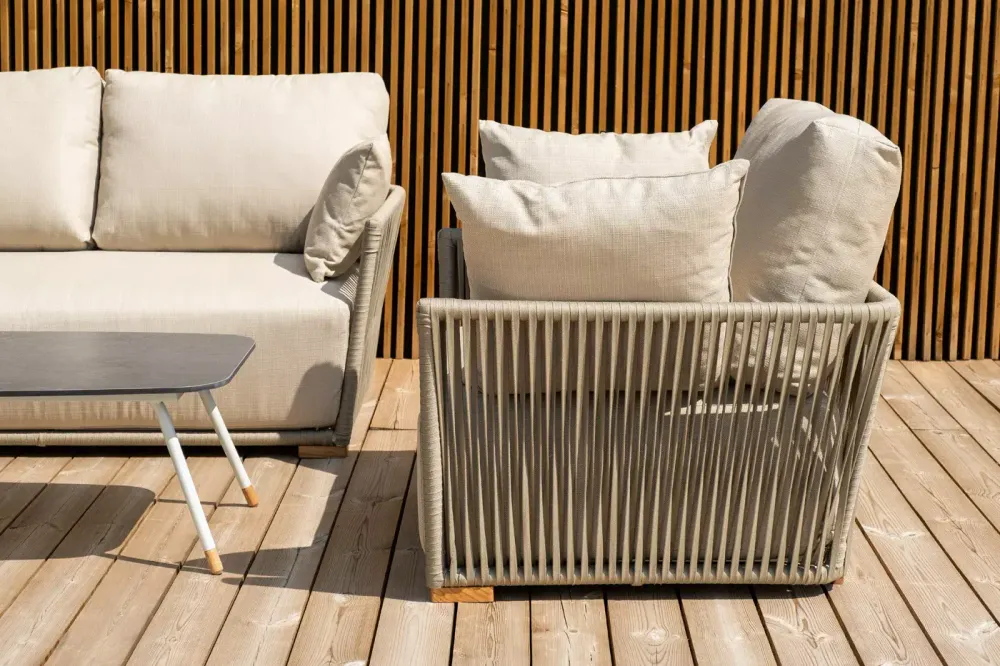 "Форли" лаунж-зона 4-местная плетеная из роупа (веревки), каркас алюминиевый светло-серый, роуп серо-коричневый