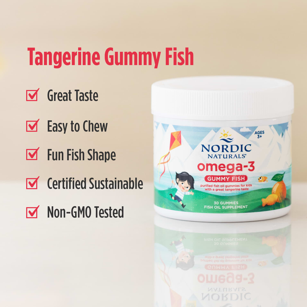Nordic Naturals, Nordic Omega-3 Gummy Fish, «мандариновые лакомства», 124 мг, 30 жевательная таблеток в форме рыбок