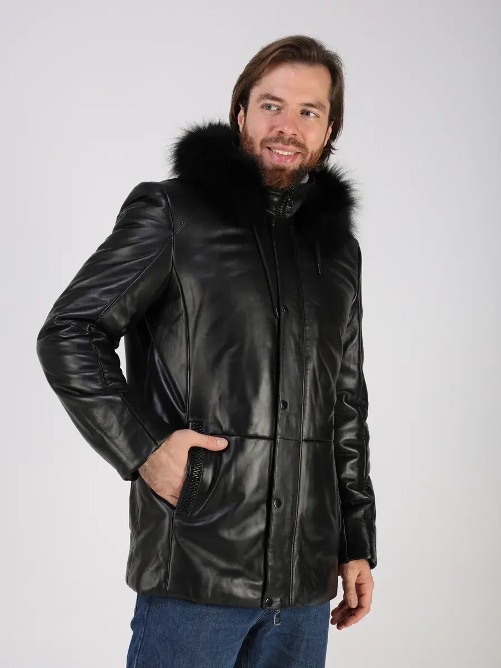 Куртка зимняя кожаная с капюшоном пуховик