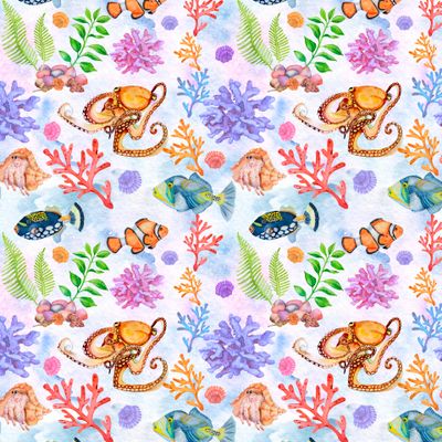 Sea bottom seamless pattern. Background watercolor fill, fish, hermit crab, octopus.