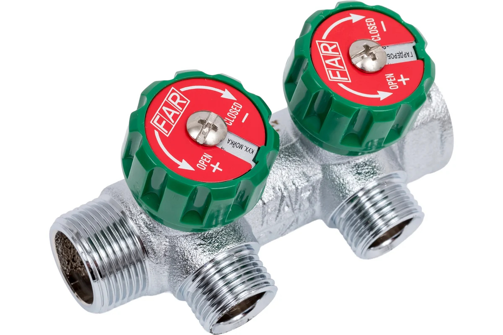 Регулирующий коллектор 3/4" (ВР-НР) с 2 отв. 1/2" НР (межосев. 45 мм)