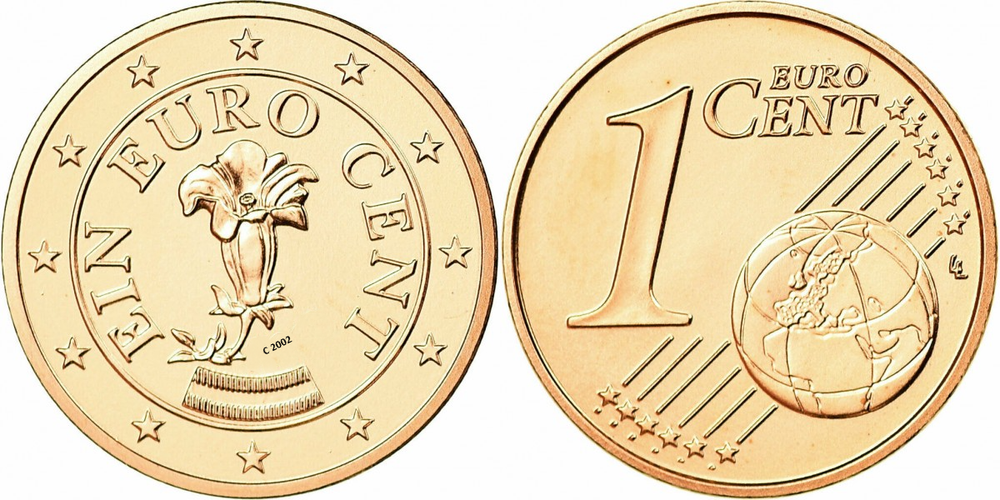 Австрия 1 евроцент, 2002-2024 Цветок альпийской горечавки XF