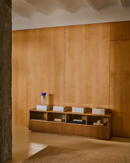 Сервант Helvine с 4 дверцами и 2 ящиками шпон дуба и закаленное стекло, 200 x 54