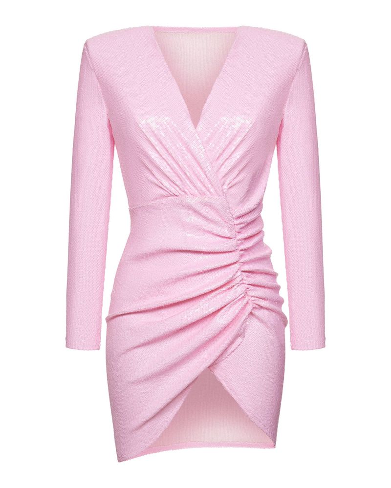 Платье мини с рукавом из пайеток и драпированной юбкой, светло-розовый