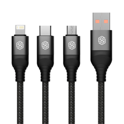 Кабель 3 в 1 в тканевой оплетке черного цвета от Nillkin с разъемами Type C, Lightning и Micro USB, серия Swift Pro, длина 1,5м