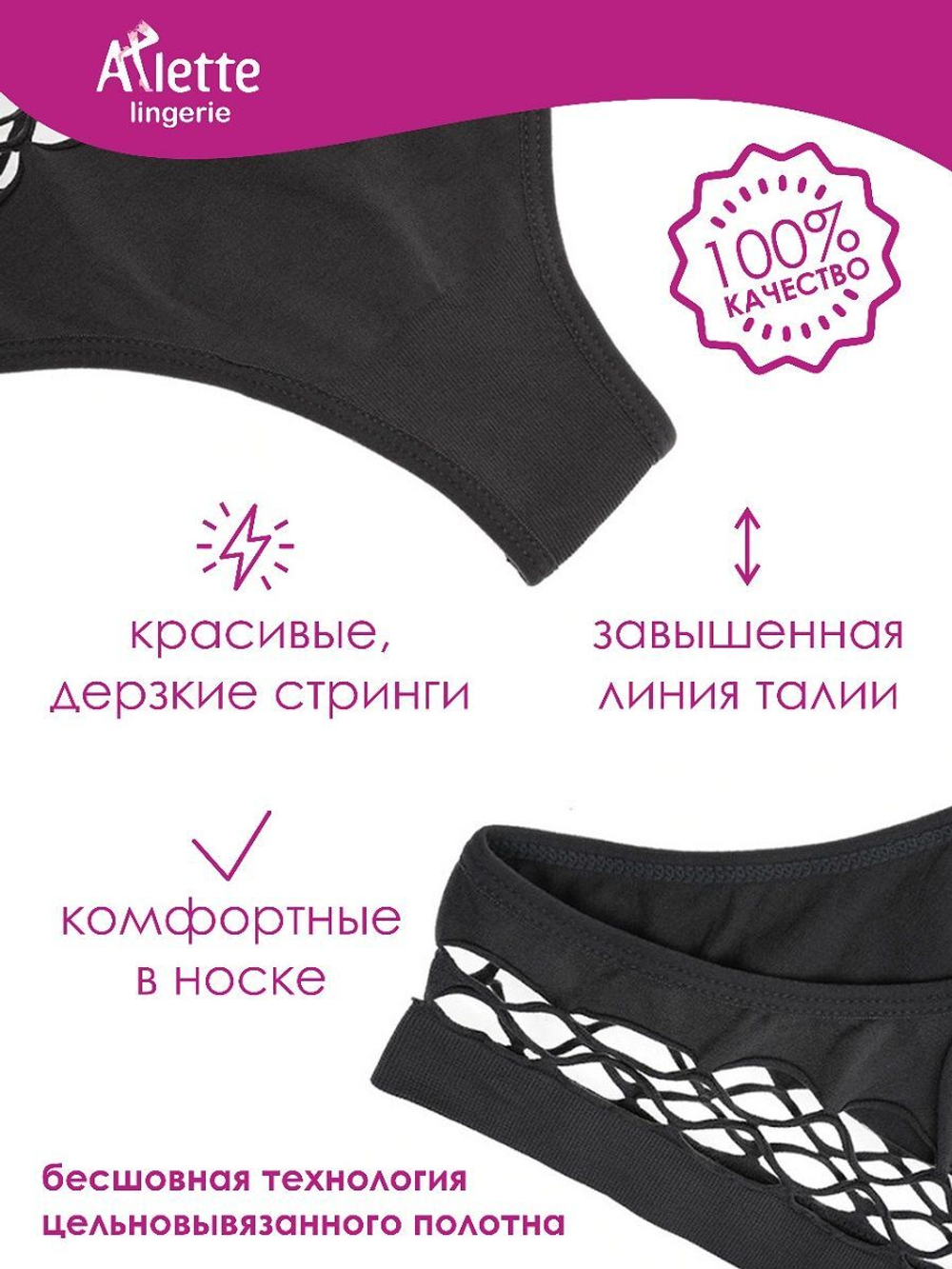 Стильные высокие трусики-стринги с перфорацией + презервативы (Размер: L) (Цвет: черный)