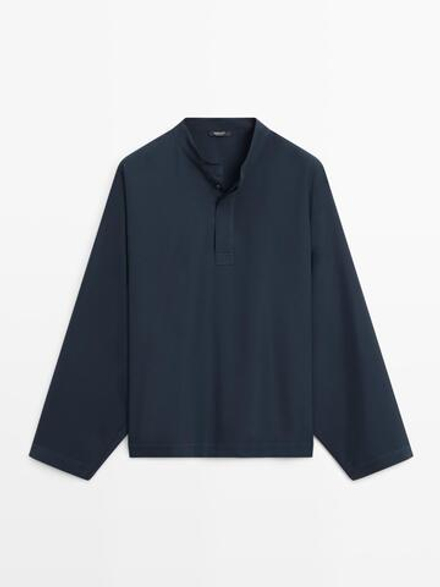Massimo Dutti Блуза-накидка из струящейся ткани с воротником-стойкой, темно-синий