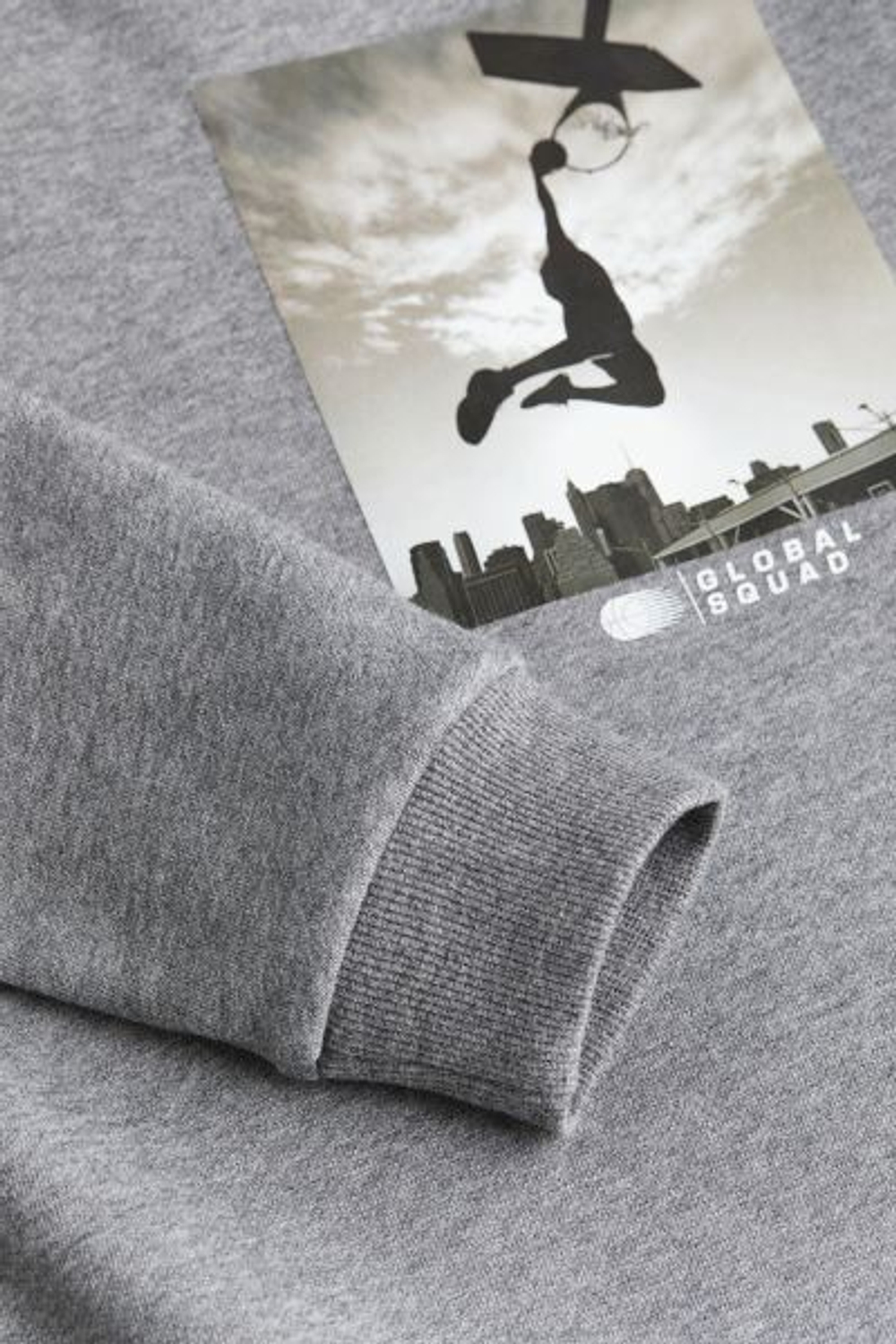 H&M Толстовка с принтом и капюшоном, серый с меланжевым эффектом