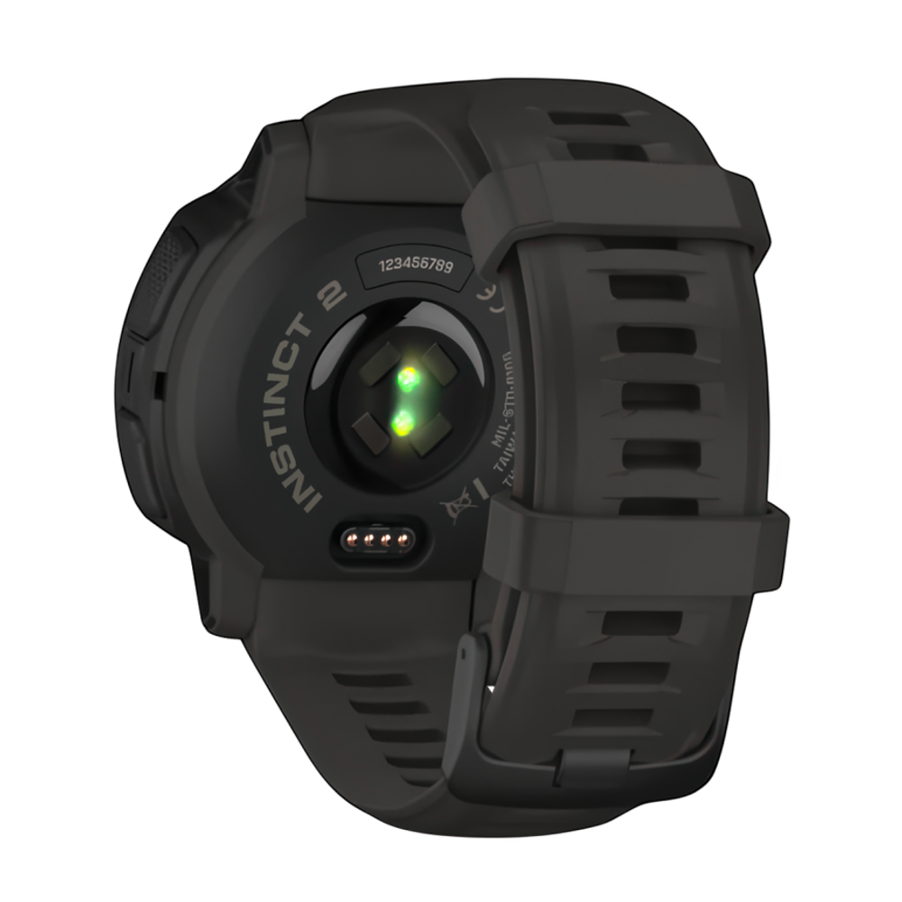 Спортивные часы Garmin Instinct 2 Solar, 45 мм, силиконовый ремешок графитового цвета Дисплей Solar со стеклом Power Glass. Ремешок с классической застёжкой — на запястье обхватом 135–230 мм