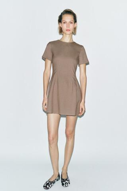 ZARA ПЛАТЬЕ ИЗ ТКАНИ В КЛЕТКУ — ZW COLLECTION, СВЕТЛО-КОРИЧНЕВЫЙ