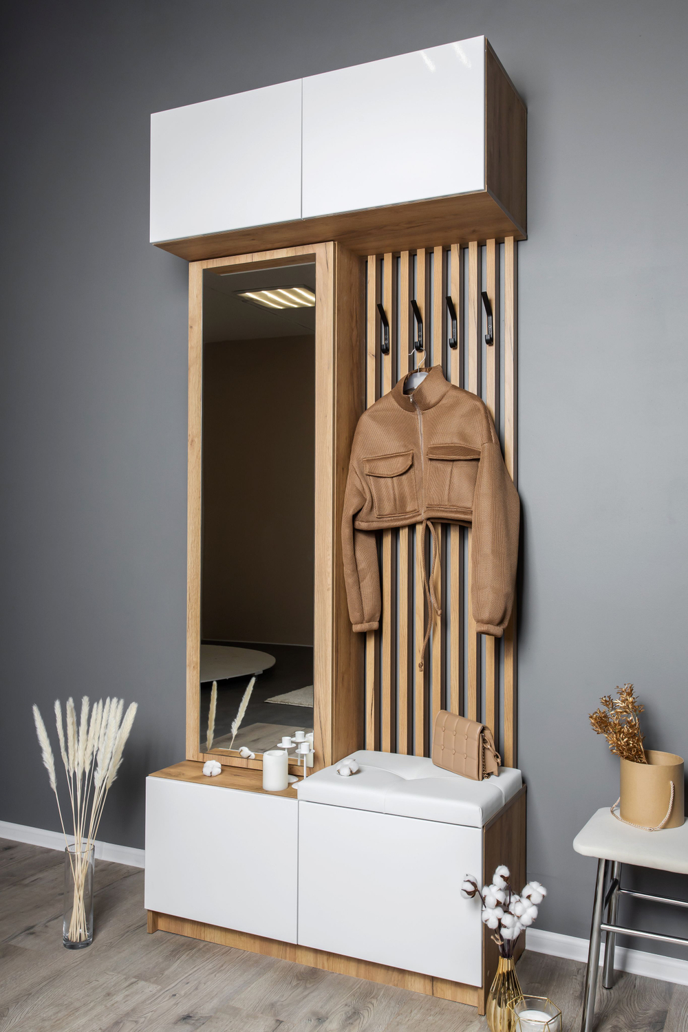 Прихожая с зеркалом комплект мебели Дуб Крафт Золотой/Серый Шифер, Бостон, 250х51х236 см Стиль