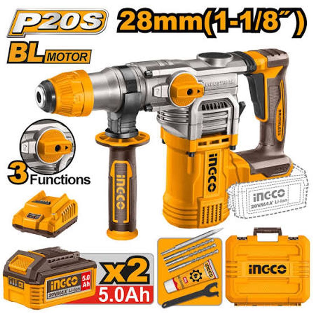 Аккумуляторный бесщеточный перфоратор SDS-Plus INGCO CRHLI202885 INDUSTRIAL 20 В 4,5 Дж 2x5 Ач