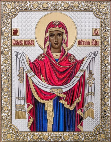 Покрова БМ, икона прямоугольная без рамки, белое дерево, эмаль 175х225