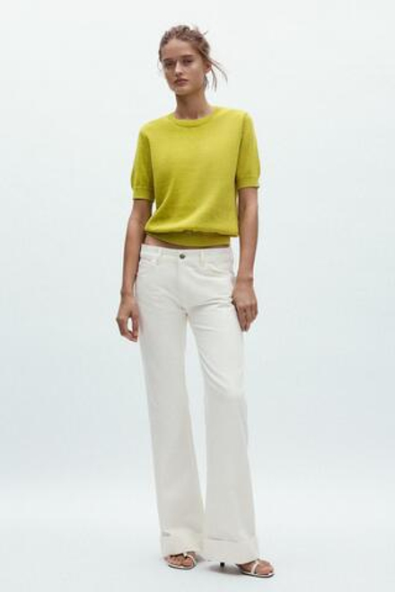 ZARA ОДНОТОННЫЙ ТРИКОТАЖНЫЙ ТОП В СТИЛЕ РУСТИК, ЛАЙМОВЫЙ