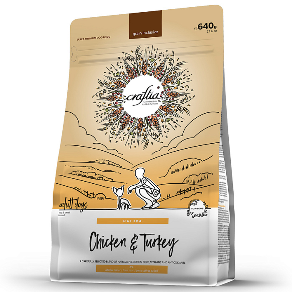 Сухой корм CRAFTIA NATURA для взрослых собак миниатюрных и мелких пород из курицы и индейки 640 г