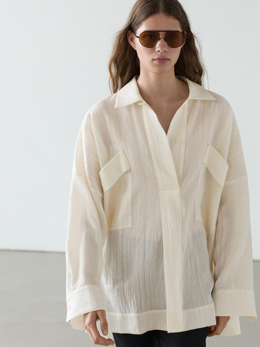 Massimo Dutti Рубашка струящаяся с разрезом из льна и хлопка, белый