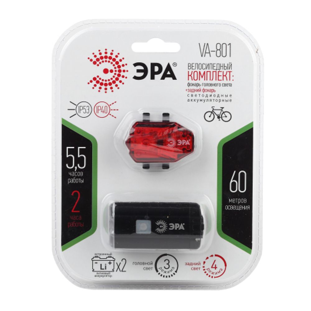 Велосипедный фонарь светодиодный ЭРА VA-801 2 в 1 аккумуляторный, передний, CREE XPG + подсветка SMD, micro USB, 800mA/ч