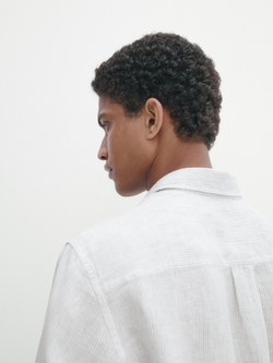 Massimo Dutti Рубашка классического кроя из 100% льна в полоску, небесно-голубой