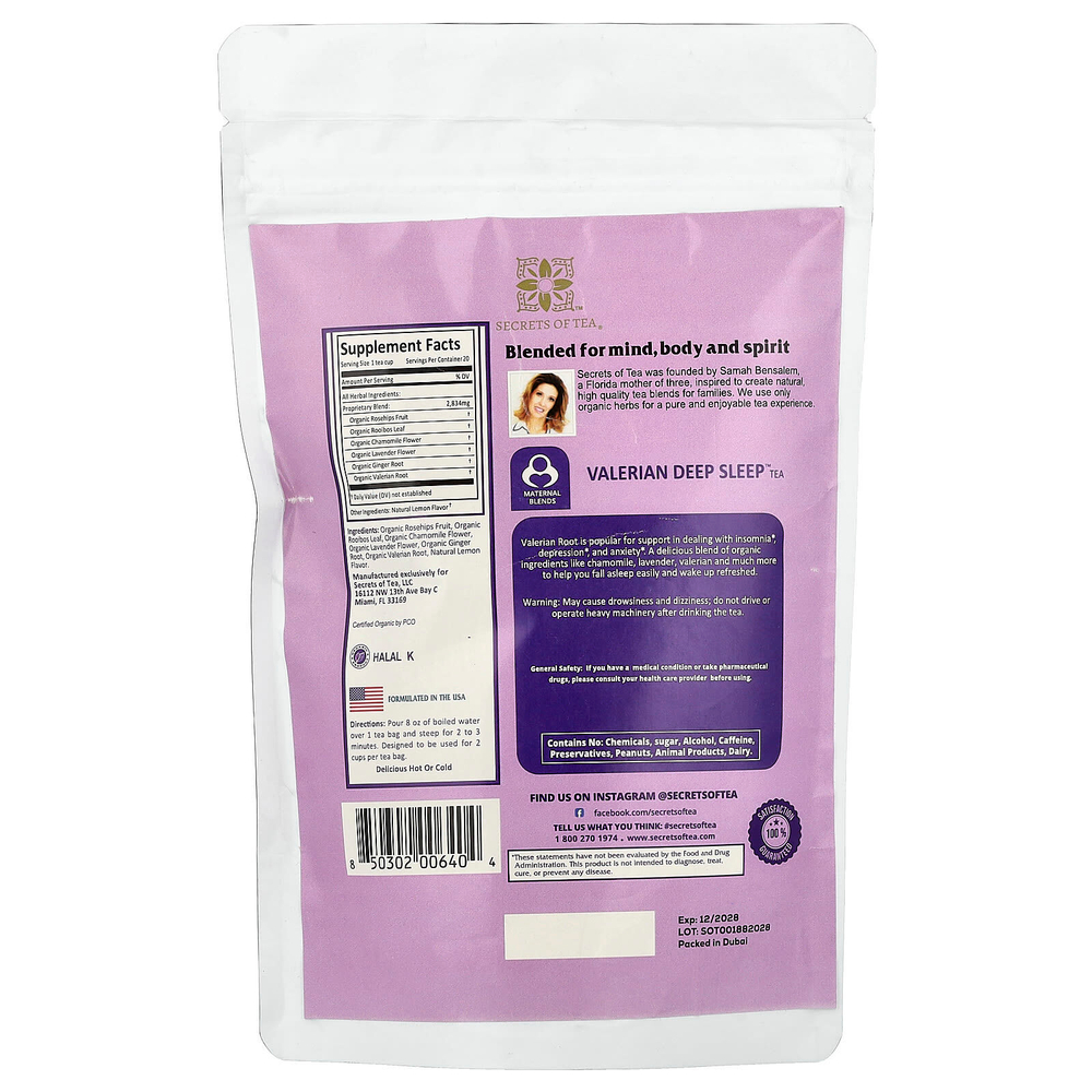 Secrets of Tea, органический чай валериана Deep Sleep™, без кофеина, 20 чайных пакетиков, 40 г (1,4 унции)