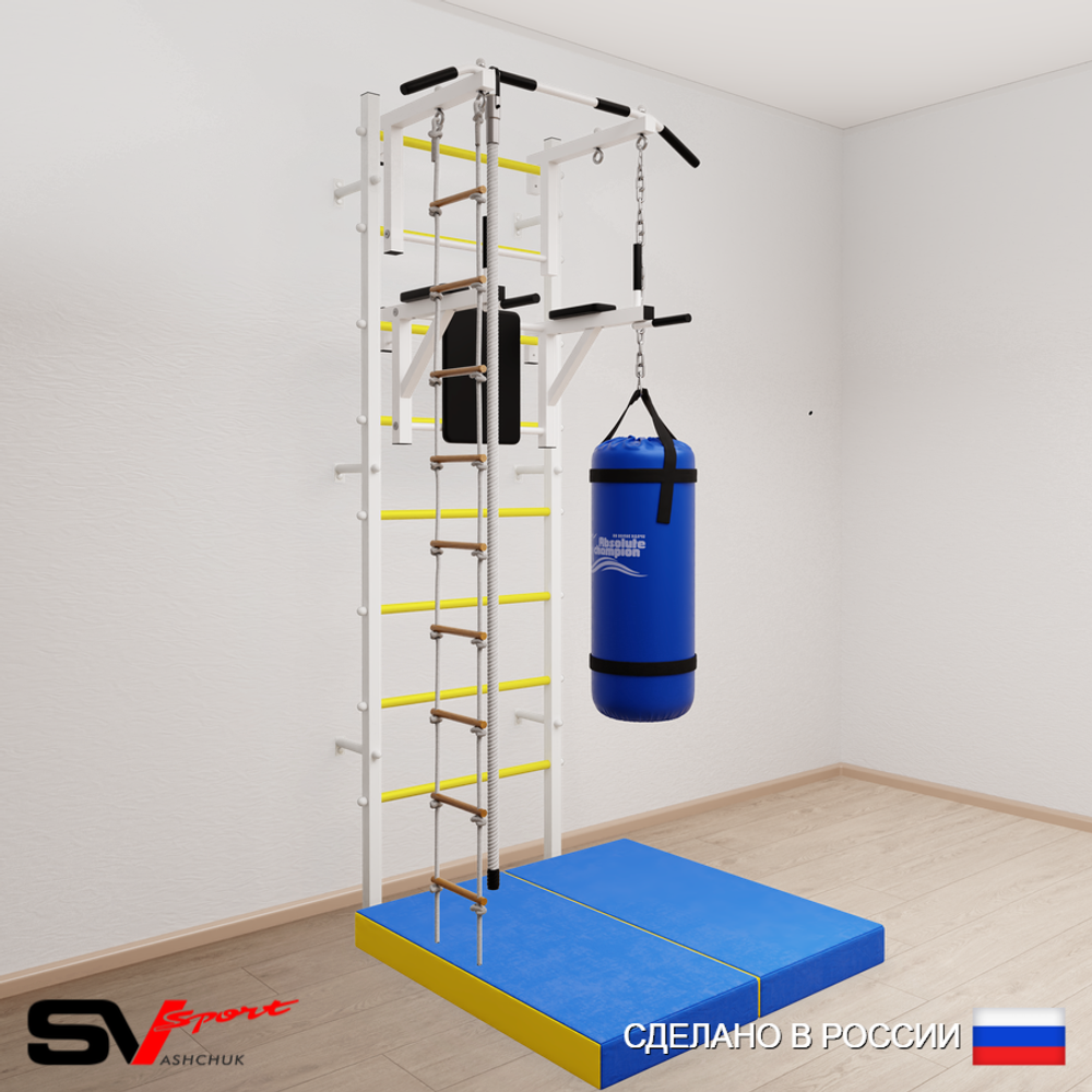 Шведская стенка Sv Sport усиленная 6757 (Турник стандарт/Брусья/Канат/Лестница/Цепь/Мешок 30кг/Мат 1м)