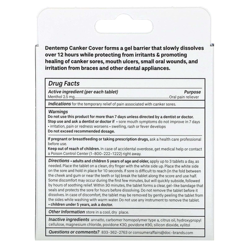 Dentemp, Canker Cover, лекарственное обезболивающее для полости рта, 6 таблеток с мятой
